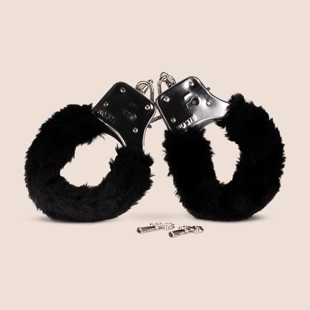 Sex & Mischief Black Furry Handcuffs | nickel-free metal –  simplipleasures.com