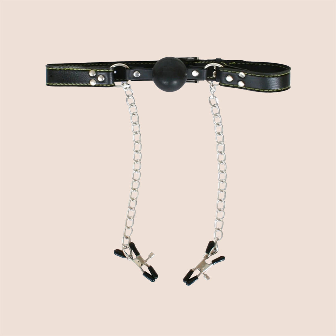Fetish Fantasy Deluxe Ball Gag and Nipple Clamps | rubber ball, leather strap
