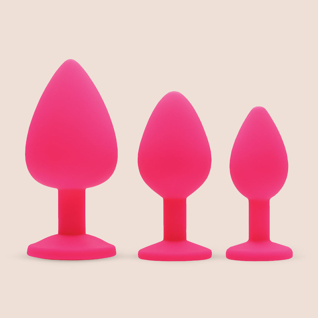 Pink Pleasure Anal Plugs With Gems | 3 piece silicone butt plug set