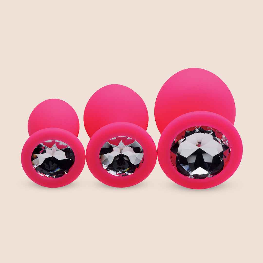 Pink Pleasure Anal Plugs With Gems | 3 piece silicone butt plug set