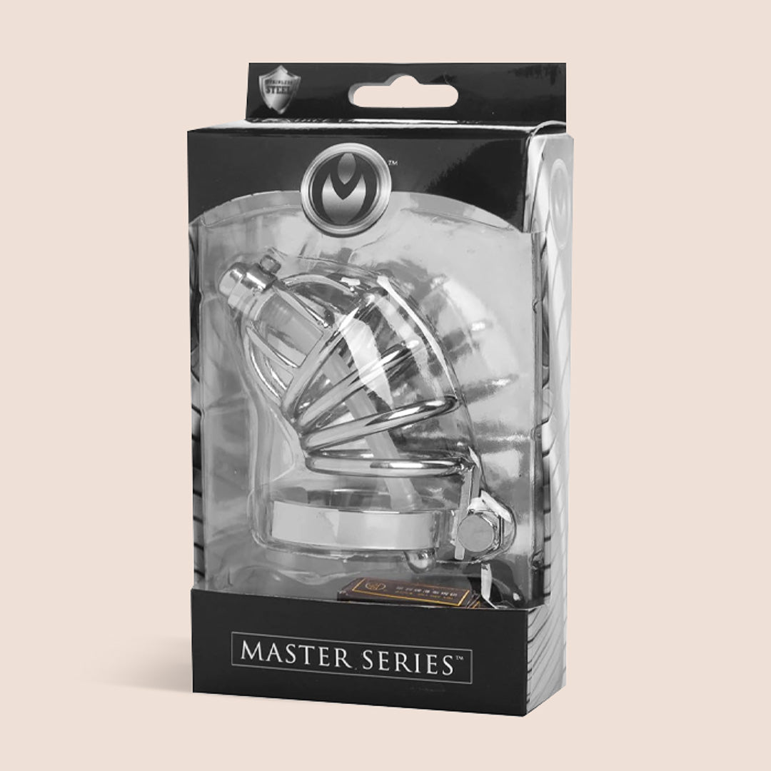 Master Series Chastity Cage with Silicone Urethral Plug | stainless steel
