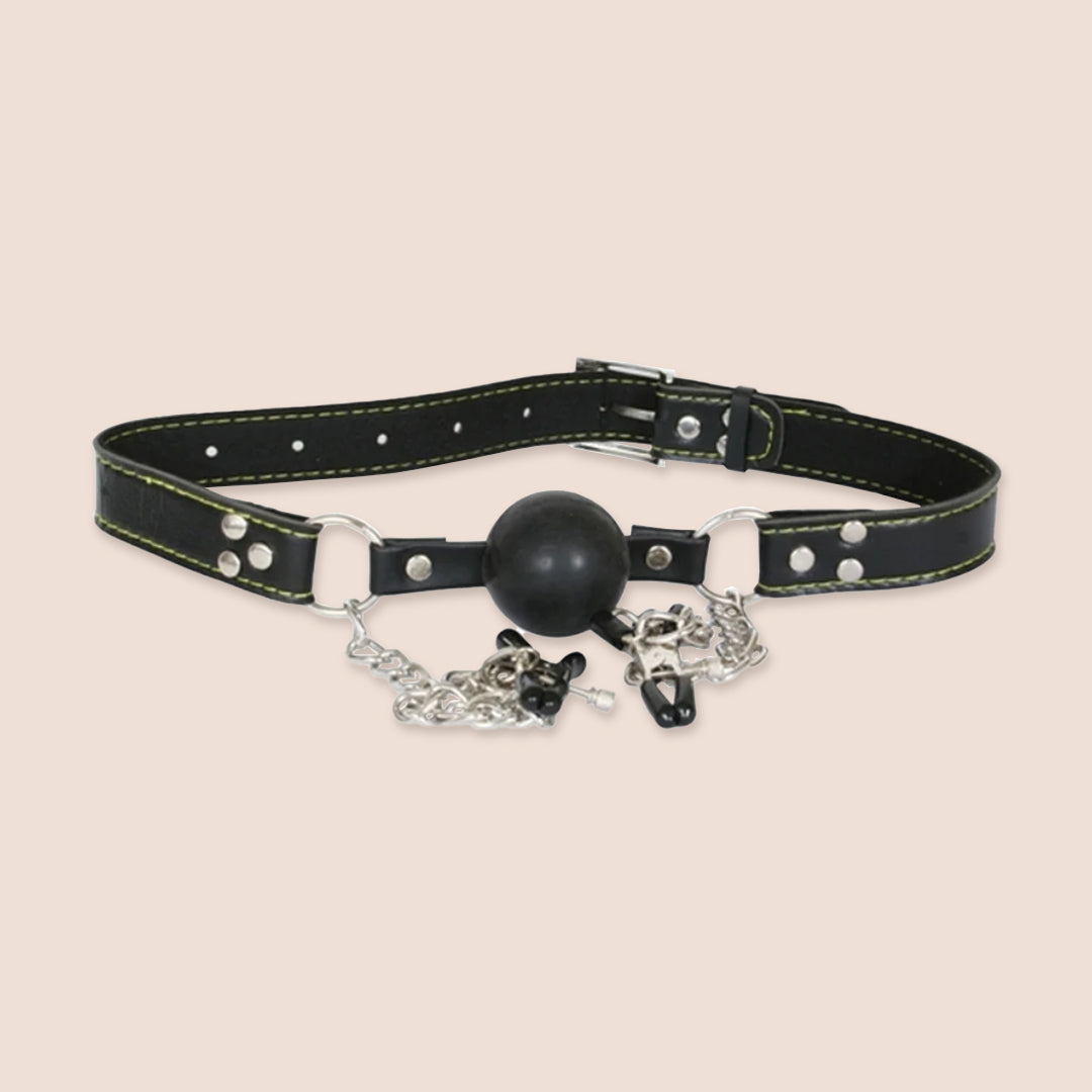 Fetish Fantasy Deluxe Ball Gag and Nipple Clamps | rubber ball, leather strap